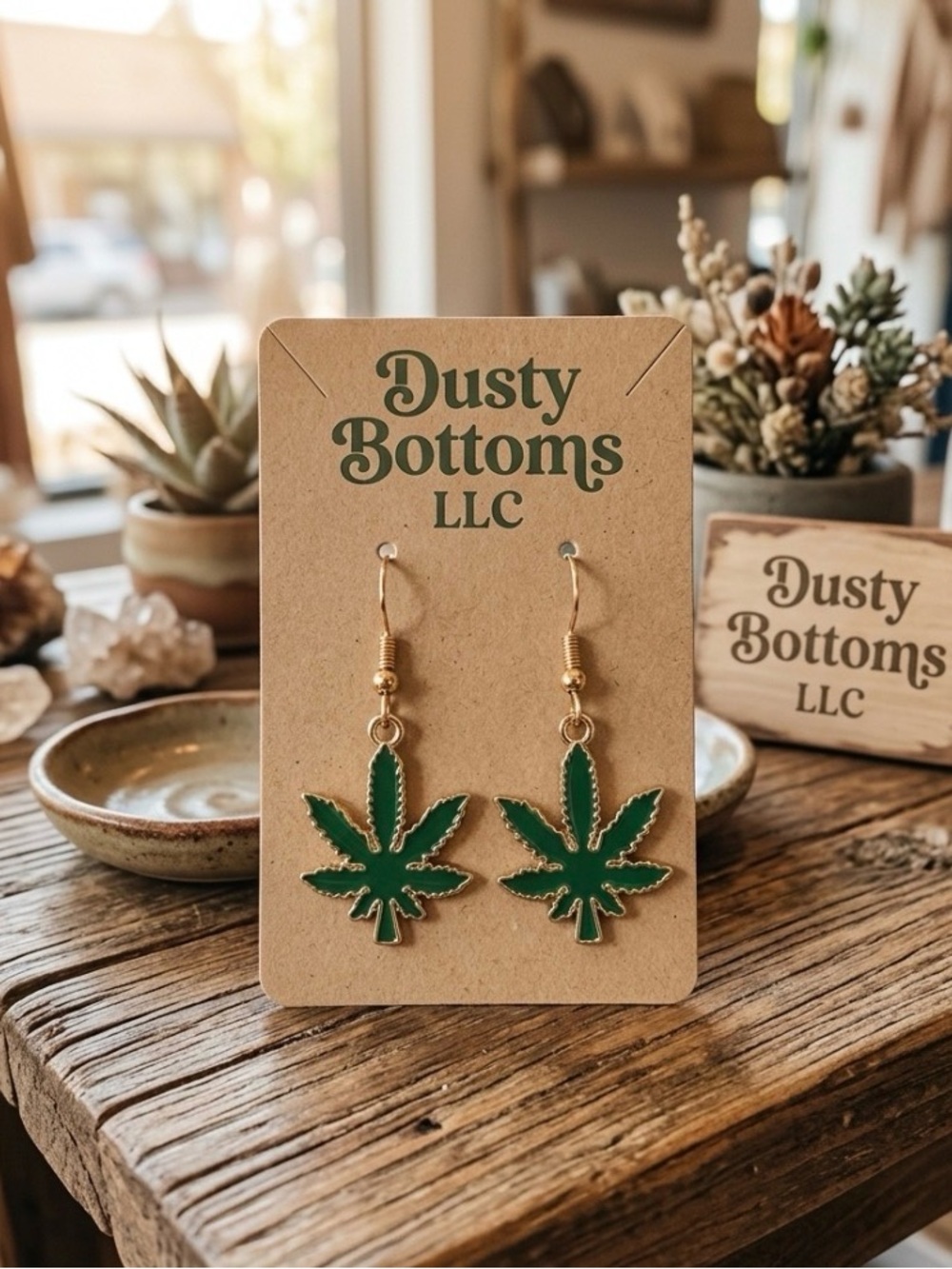 Green Leaf Dangle Earrings with Gold Accents